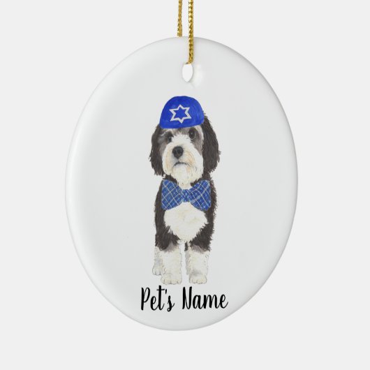 Gepersonaliseerde Bernedoodle Blue Yarmulke Bow St Keramisch Ornament (Rechts)