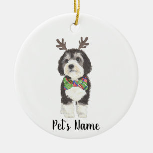 Gepersonaliseerde Bernedoodle Reindeer Bowtie Kers Keramisch Ornament
