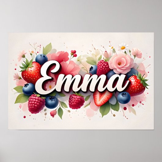 Gepersonaliseerde Berry Floral Naam Poster - "Emma (Voorkant)
