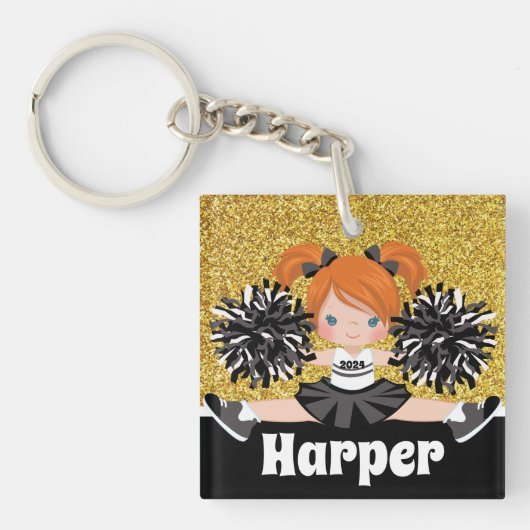 Gepersonaliseerde Black & Gold Cheerleading Sleute Sleutelhanger (Voorkant)