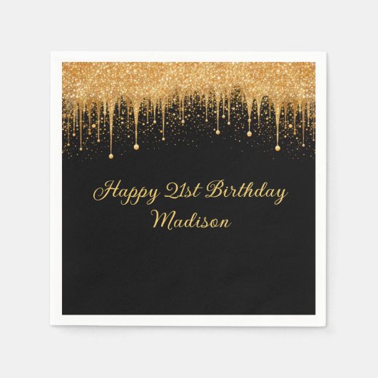 Gepersonaliseerde Black Gold Dripping Glitter Verj Servet (Voorkant)