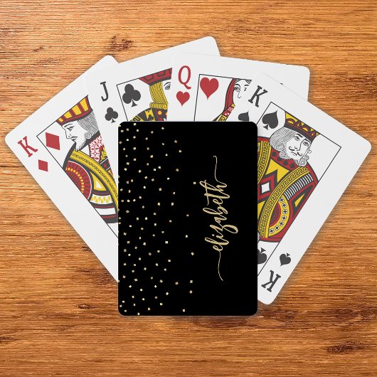 Gepersonaliseerde Black Gold Elegant Script Confet Pokerkaarten