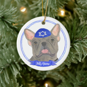 Gepersonaliseerde Blauw Grijs Frenchie Chanoeka Keramisch Ornament