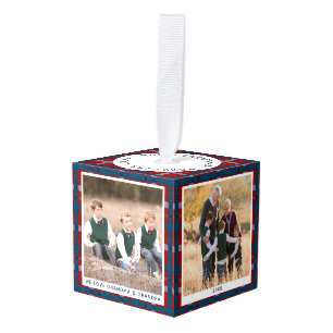 Gepersonaliseerde Blauw Rood Plaid Kerstmis Foto Kubus Ornament