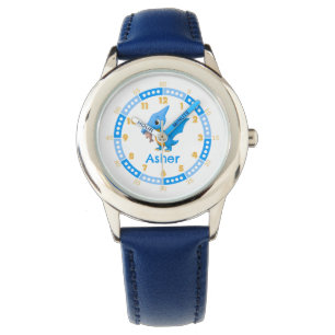 Gepersonaliseerde Blauw Schattigee Dinosaurus Leer Horloge