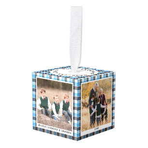 Gepersonaliseerde blauw wit geplakte foto kerst kubus ornament