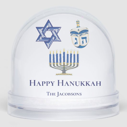 Gepersonaliseerde Blauw & Wit Happy Chanoeka Sneeuwbol (Voorkant)