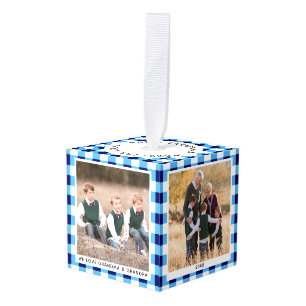 Gepersonaliseerde Blauw Wit Plaid Kerstmis Foto Kubus Ornament