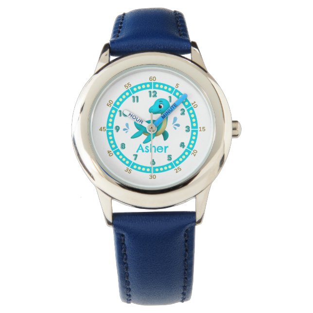 Gepersonaliseerde blauwe dinosaurus Time-Teaching  Horloge (Voorkant)