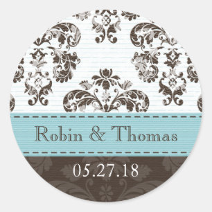 Gepersonaliseerde Blauwe en Bruine Damask Bruiloft Ronde Sticker