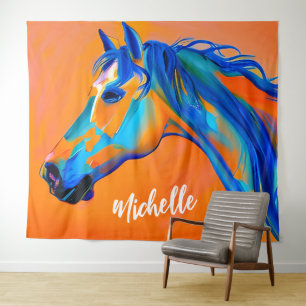 Gepersonaliseerde Blauwe en Oranje Abstracte Paard Wandkleed