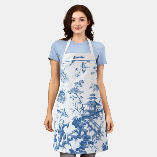 Gepersonaliseerde Blauwe en Witte Pagode Chinoiser Schort (Gedragen)