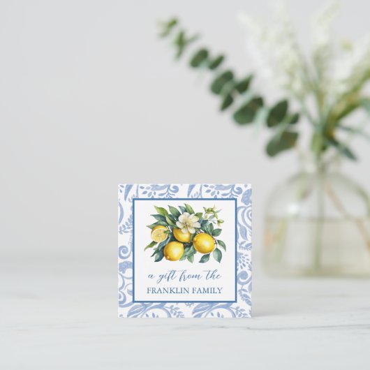 Gepersonaliseerde Blauwe en Witte Waterverf Citroe Informatiekaartje (Staand voorkant)