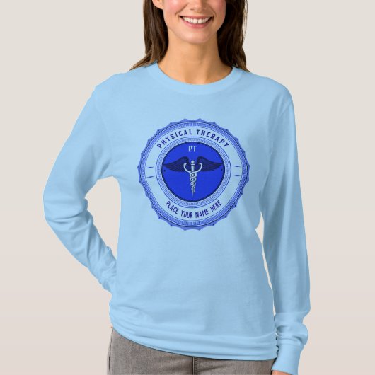 Gepersonaliseerde blauwe fysieke therapie Caduceus T-shirt (Voorkant)