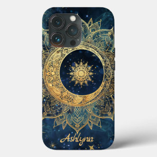 Gepersonaliseerde blauwe hemelgouden zon maan mand iPhone 13 pro hoesje