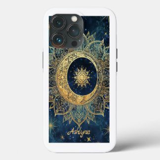 Gepersonaliseerde blauwe hemelgouden zon maan mand iPhone 13 pro hoesje