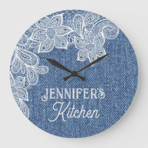 Gepersonaliseerde blauwe Jean keuken wandklok Grote Klok