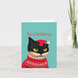 Gepersonaliseerde blauwe kerstzwarte kat tegen Ker Feestdagen Kaart