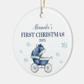 Gepersonaliseerde blauwe kinderwagen eerste kerst keramisch ornament (Links)
