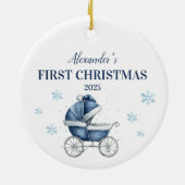 Gepersonaliseerde blauwe kinderwagen eerste kerst keramisch ornament (Achterkant)