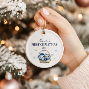 Gepersonaliseerde Blauwe Pinguïn Eerste Kerstdag Keramisch Ornament