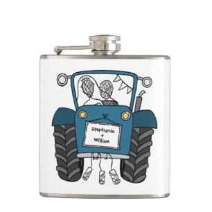 Gepersonaliseerde Blauwe Tractor Land Huwelijkscad Heupfles
