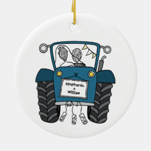 Gepersonaliseerde Blauwe Tractor Land Huwelijkscad Keramisch Ornament