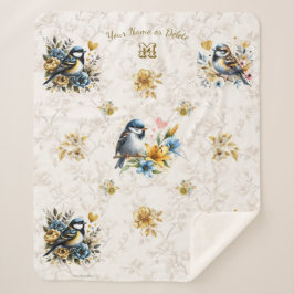 Gepersonaliseerde Blauwe Vogels & Gouden Bloemen Sherpa Deken