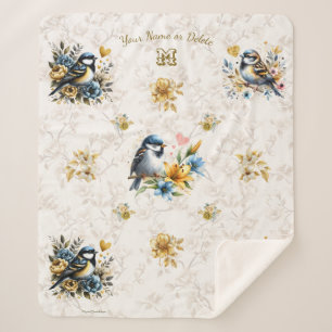 Gepersonaliseerde Blauwe Vogels & Gouden Bloemen Sherpa Deken