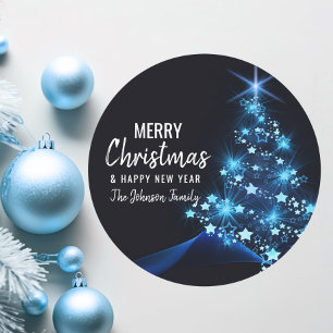 Gepersonaliseerde BLAUWE WITTE VROLIJKE KERSTBOOM Ronde Sticker