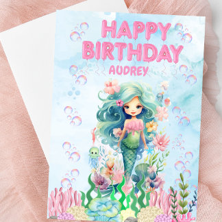 Gepersonaliseerde Blauwe Zeemeermin Happy Birthday Kaart