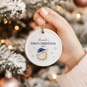 Gepersonaliseerde blauwe zon sterren eerste kerst keramisch ornament