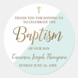 Gepersonaliseerde blauwgroen Baby jongen doop dank Ronde Sticker