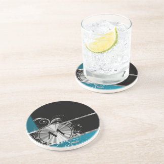 Gepersonaliseerde blauwgroen monogram zwart-wit en zandsteen onderzetter