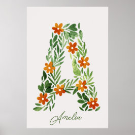 Gepersonaliseerde bloembrief A met Oranje bloemen Poster