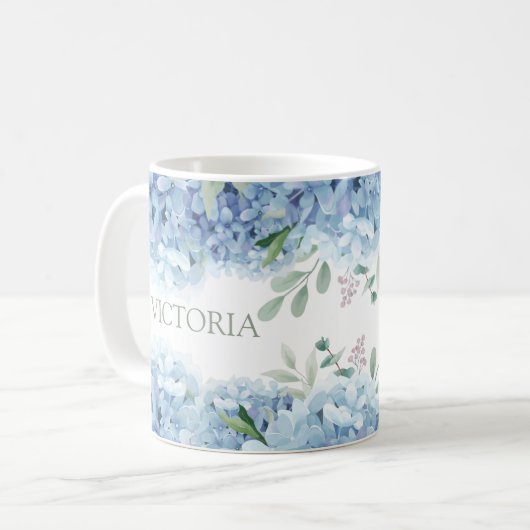 Gepersonaliseerde Bloemen Blauwe Hortensia Koffiemok (Voorkant links)