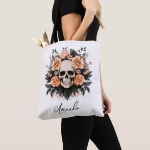 Gepersonaliseerde Bloemen Halloween Schedel Draagtas