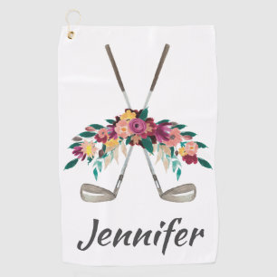 Gepersonaliseerde Bloemen met Clubs Womens Golfhanddoek