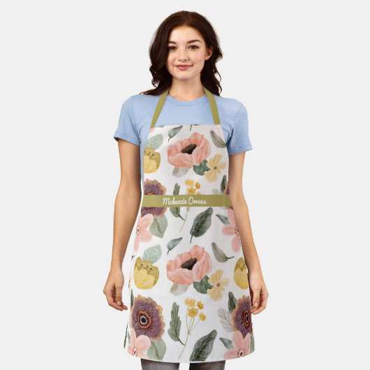 Gepersonaliseerde Bloemen Paarse & Geel Schort (Gedragen)