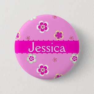 Gepersonaliseerde bloemen patroon met naam ronde button 5,7 cm