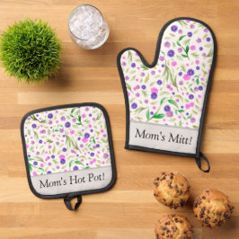 Gepersonaliseerde bloemenovenhandschoen en pot hou ovenwant & pannenlap set