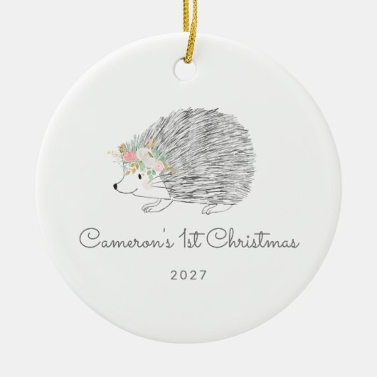 Gepersonaliseerde Bloemenstekelvarken Schattige 1e Keramisch Ornament (Voorkant)