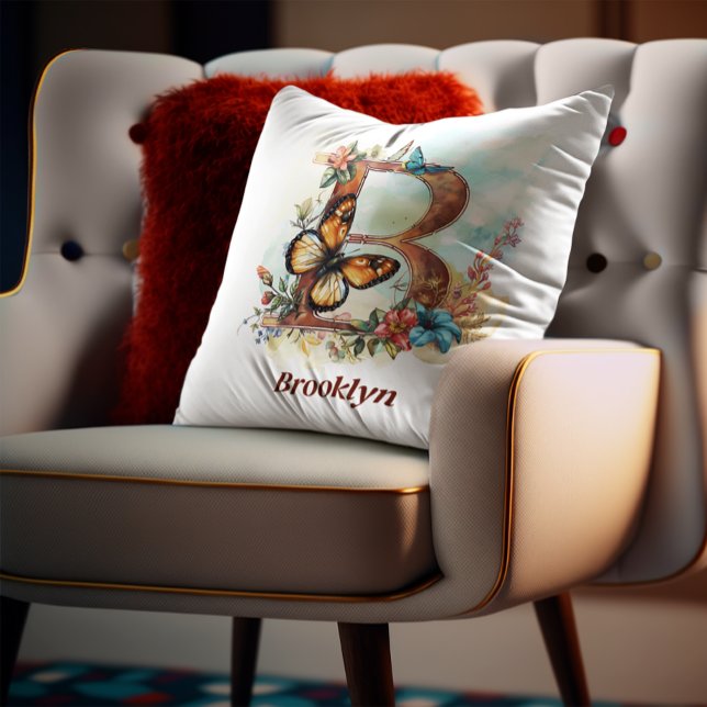 Gepersonaliseerde bloemvlinder letter B monogram Kussen (Creator heeft geüpload)