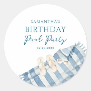 Gepersonaliseerde Blue Birthday Pool Party Ronde Sticker