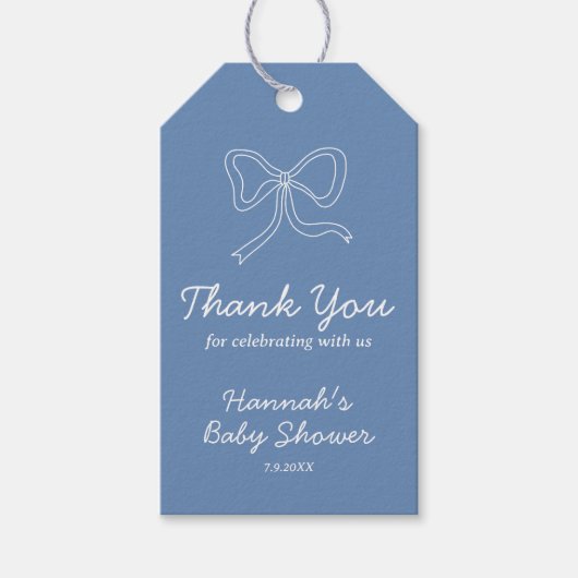 Gepersonaliseerde Blue Bow Ribbon Baby shower Favo Cadeaulabel (Voorkant)