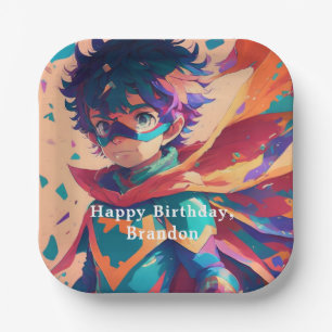 Gepersonaliseerde Blue en Red Anime Superhero Boy Papieren Bordje