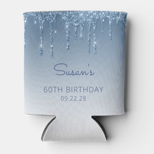 Gepersonaliseerde Blue Glitter Drip 60ste verjaard Blikjeskoeler (Voorkant)