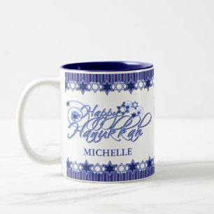 Gepersonaliseerde Blue Happy Chanoeka Star Tweekleurige Koffiemok