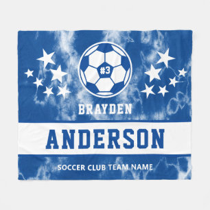 Gepersonaliseerde Blue Tie Dye Voetbal Speler Naam Fleece Deken