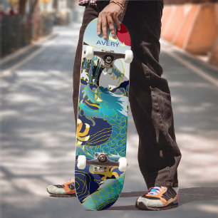 Gepersonaliseerde Blue Waves Green Dragon Red Sun- Skateboard